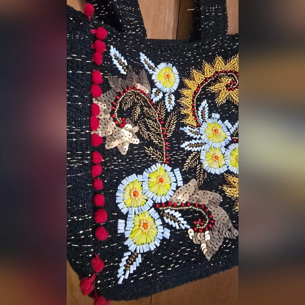 America & Beyond Boho Black Floral Embroidered Beaded Mini Tote Bag - Picture 3 of 10